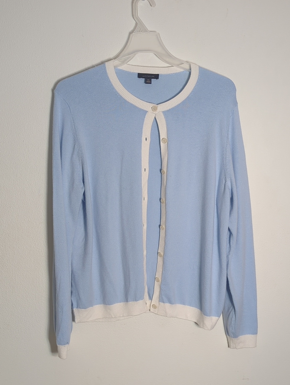 Ann Taylor Womens Light Blue Contrast-Trim Cardigan Sweater Quiet Luxury XXL